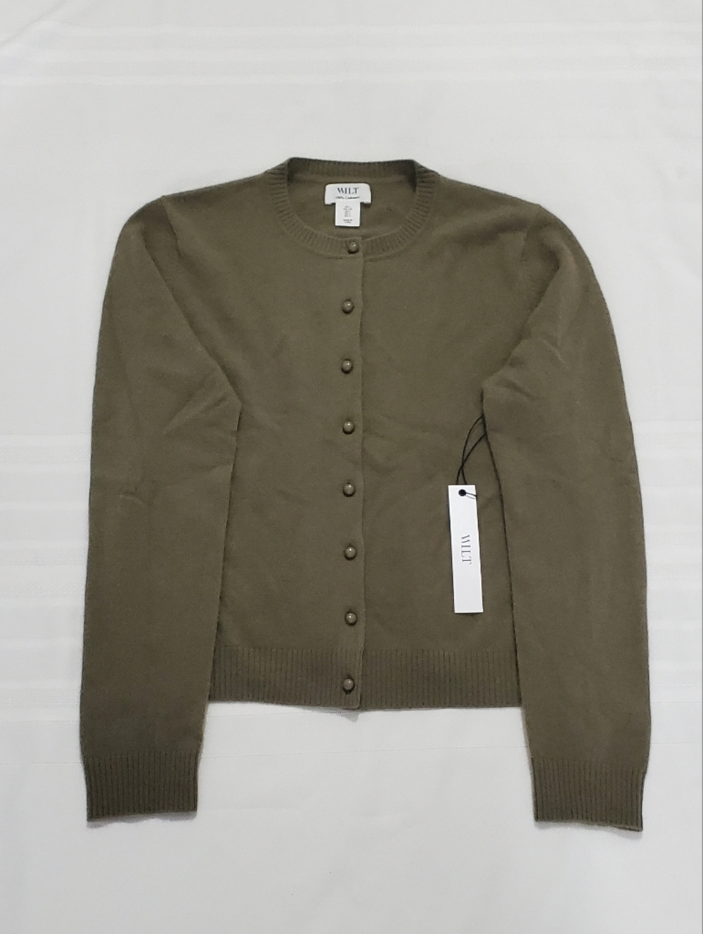 NWT WILT Crewneck Cashmere Button-Front Cardigan Sweater In Olive